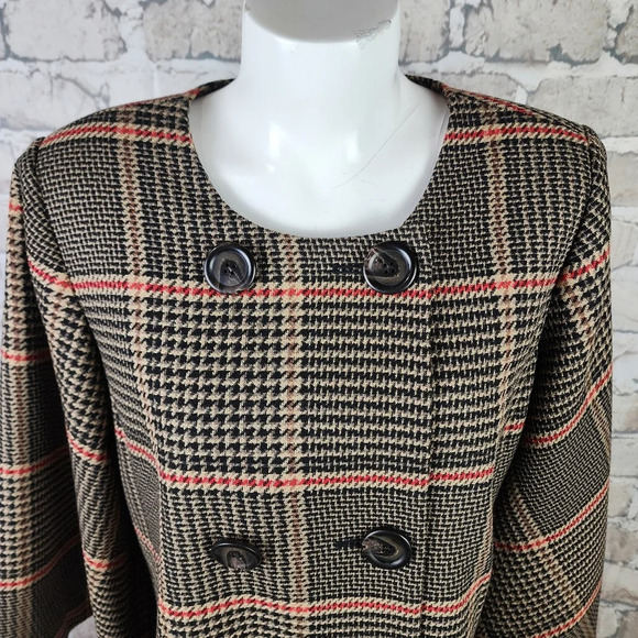 Halogen x Atlantic Pacific Glen Plaid Pea Coat Bell Sleeve Tan/Black Size Medium - Picture 4 of 15
